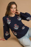 Umgee Floral Knit Sweater with Puff Sleeves - Trendsi - Flyclothing LLC