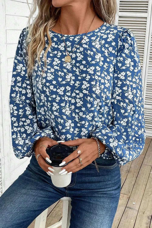 Printed Round Neck Balloon Sleeve Blouse - Trendsi - Flyclothing LLC