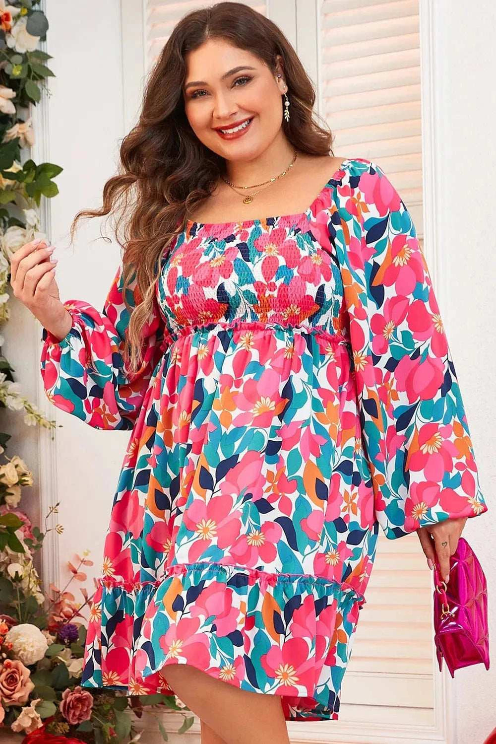 Plus Size Smocked Floral Square Neck Balloon Sleeve Dress - Trendsi - Flyclothing LLC