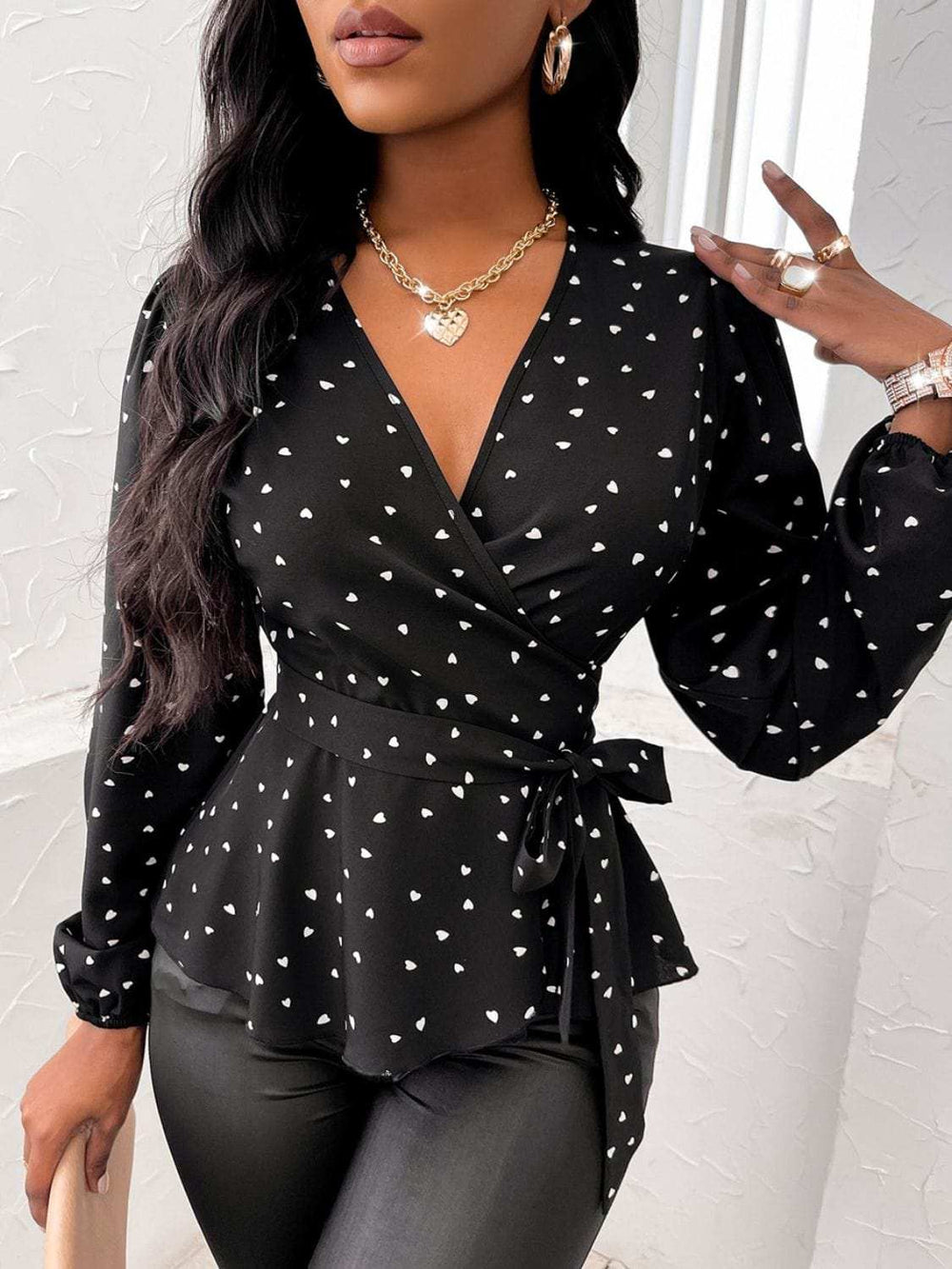 Heart Print Surplice Balloon Sleeve Blouse - Trendsi - Flyclothing LLC