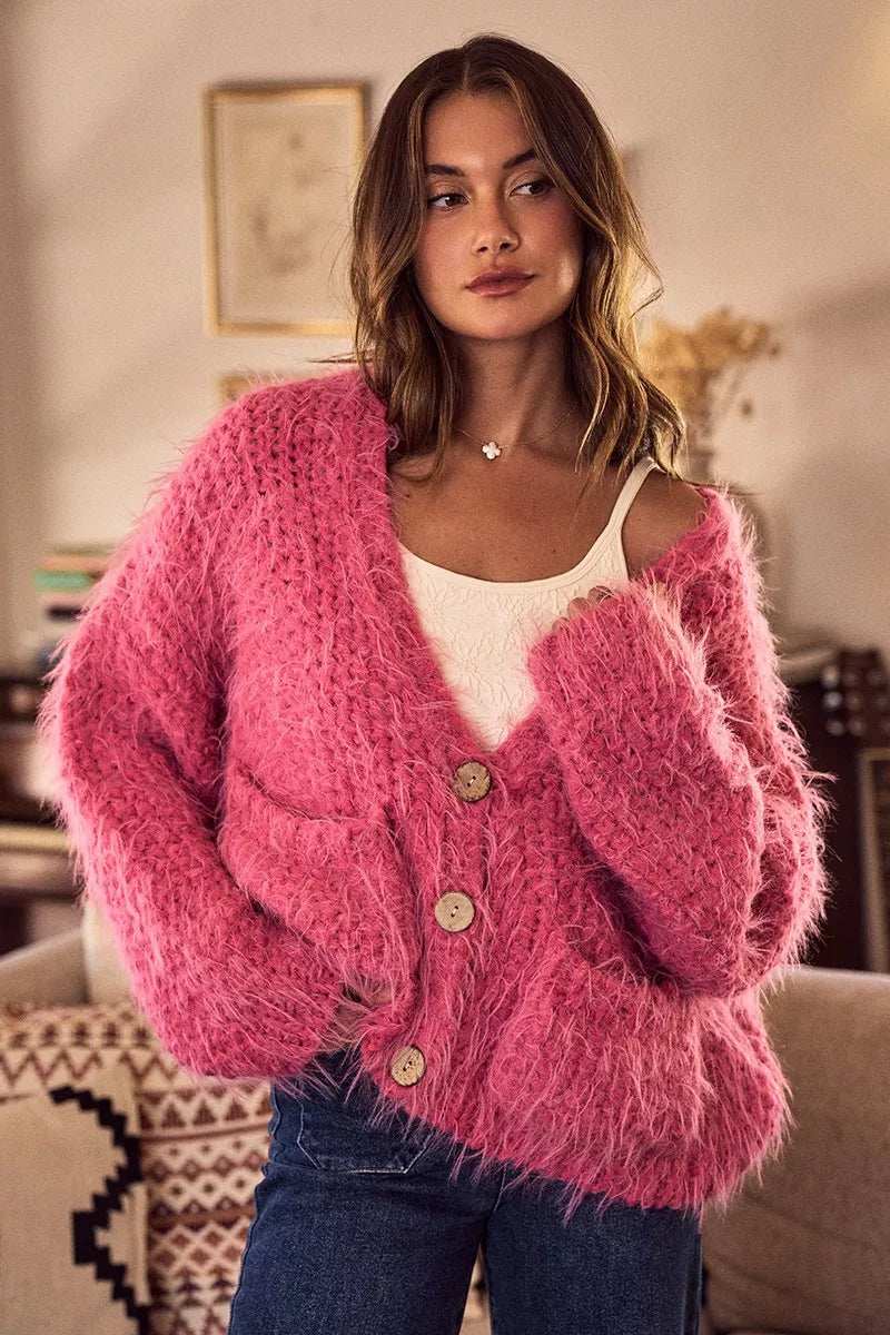 SO ME Soft Touch Hairy Loose Fit Cozy Sweater Cardigan - Trendsi - Flyclothing LLC