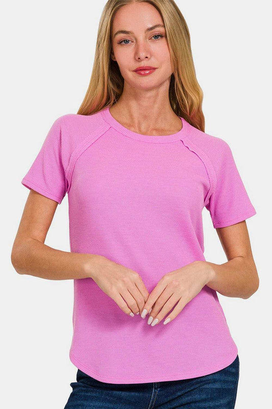 Zenana Round Neck Short Sleeve Waffle T-Shirt - Trendsi - Flyclothing LLC