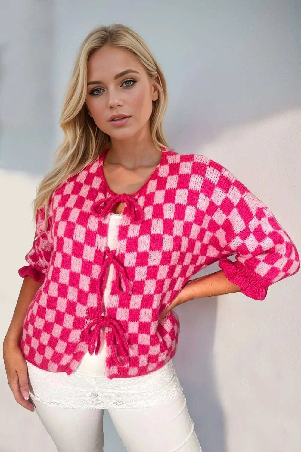 Double Take Tied Checkered Dropped Shoulder Flounce Sleeve Cardigan - Trendsi - Flyclothing LLC