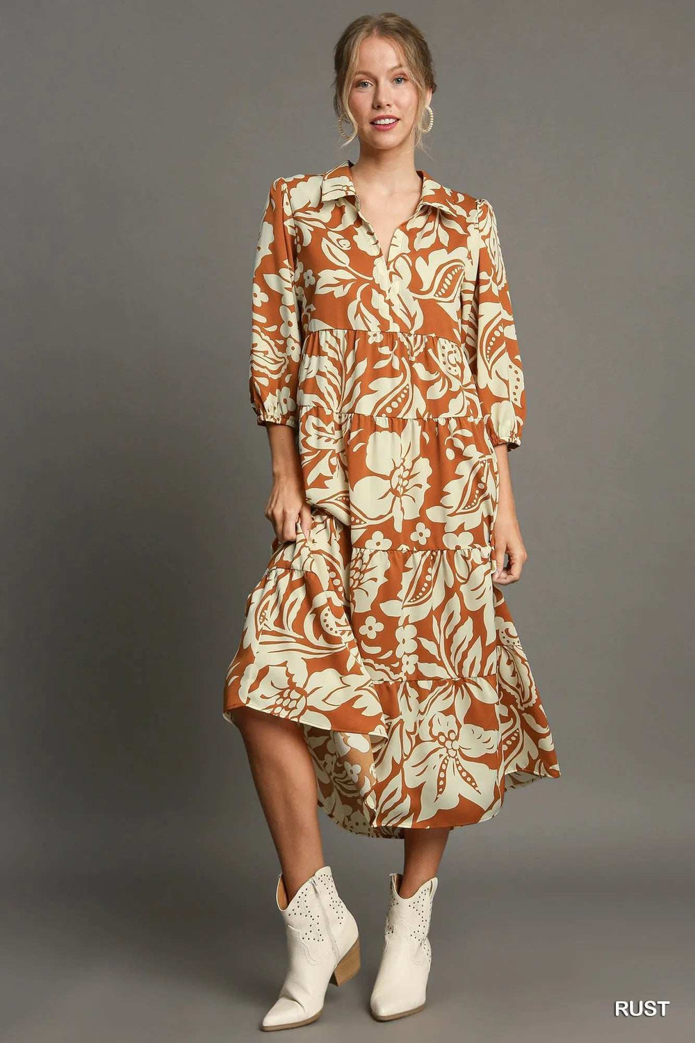 Umgee Full Size Floral Tiered Midi Shirt Dress Plus Size - Trendsi - Flyclothing LLC