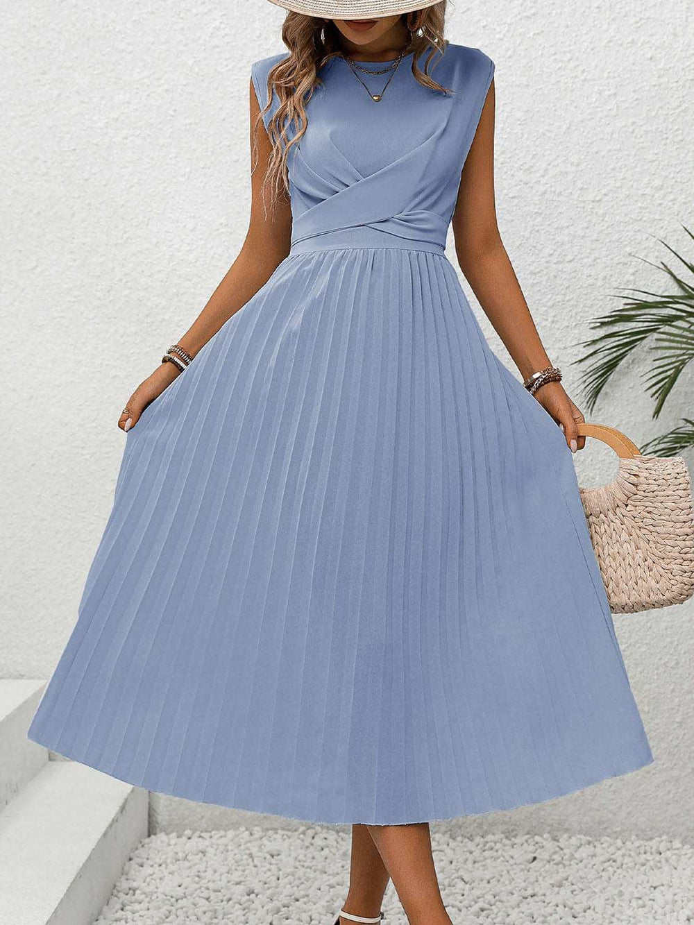 Pleated Round Neck Cap Sleeve Dress - Trendsi - Flyclothing LLC