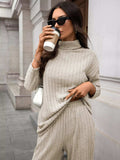 Ribbed Turtleneck Dropped Shoulder Top and Pants Sweater Set - Trendsi - Flyclothing LLC