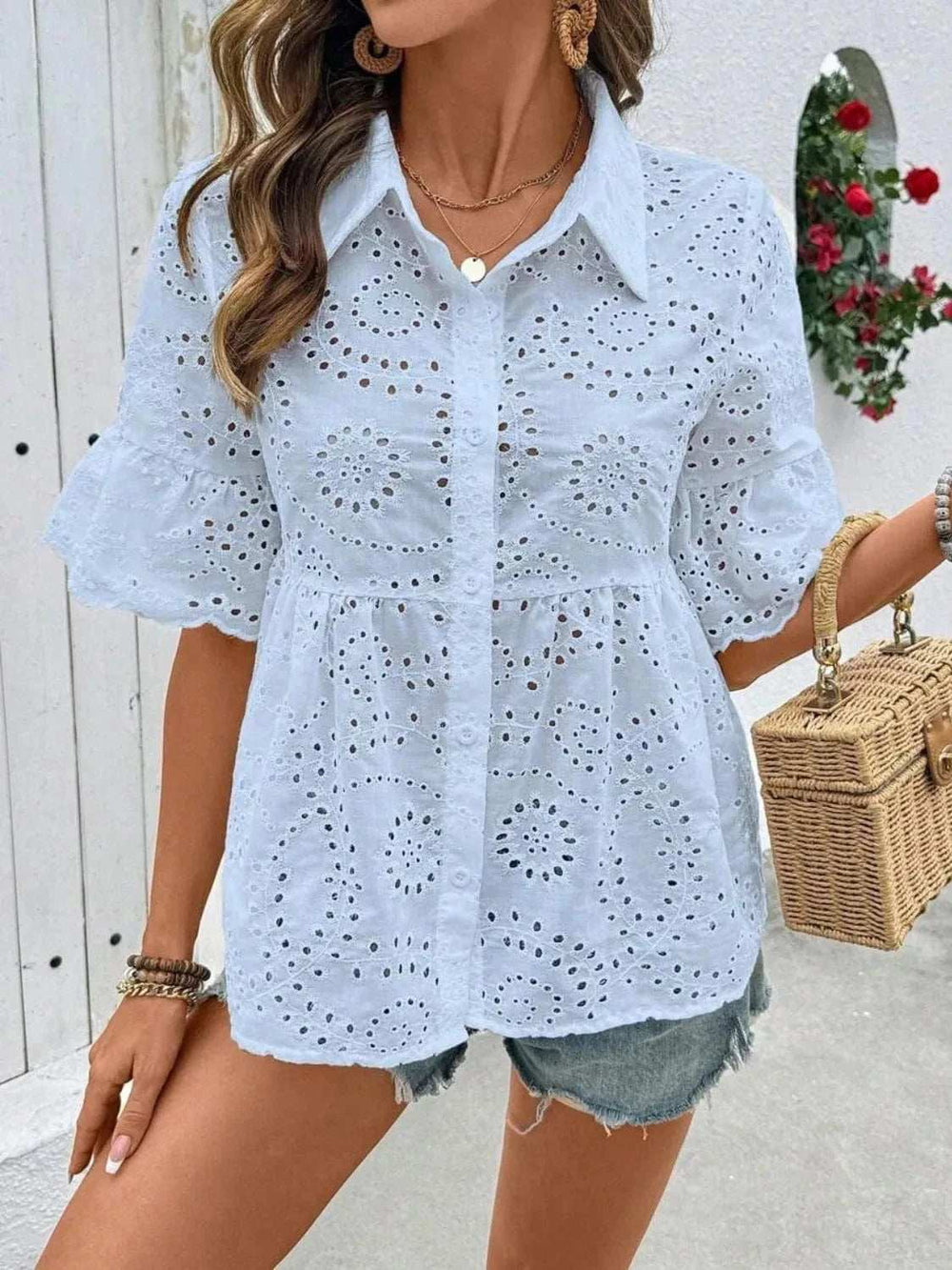 Eyelet Solid Collared Neck Half Sleeve Shirt - Trendsi - Flyclothing LLC