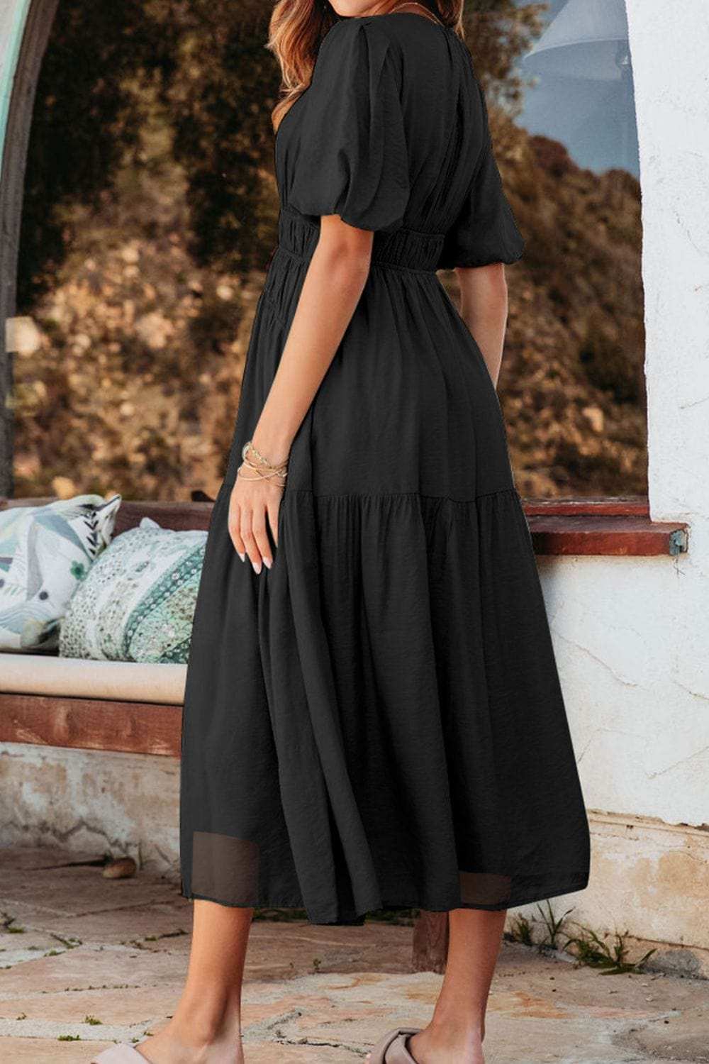 Puff Sleeve Pleated High Waist Flowy Midi Dress - Trendsi - Flyclothing LLC