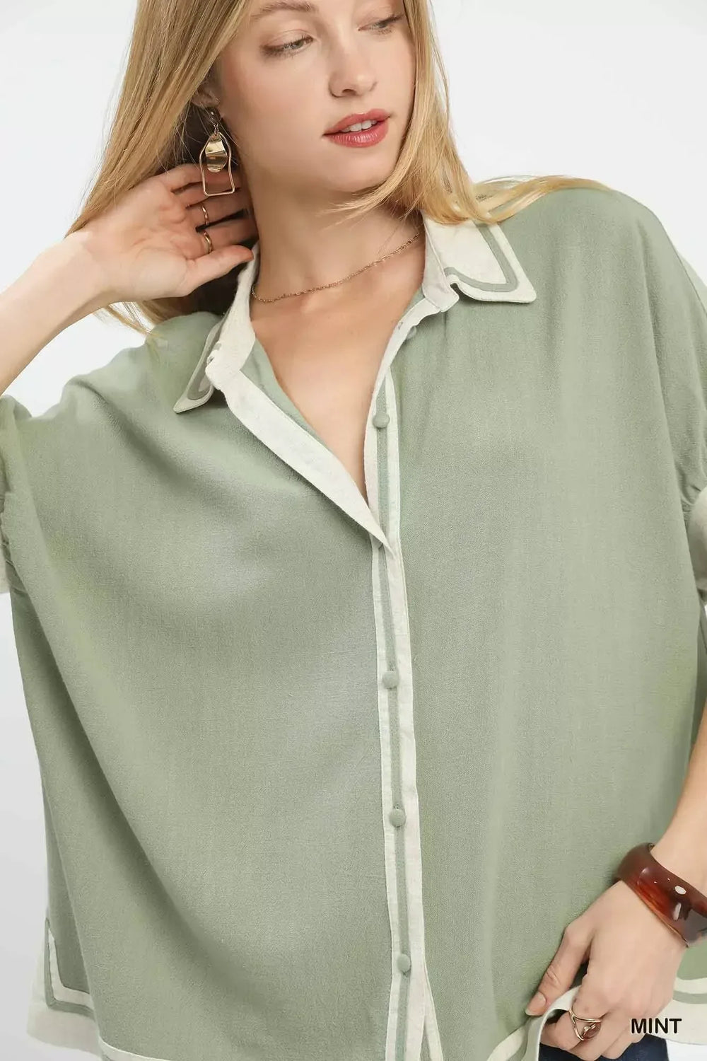 Umgee Linen Button Front Top with Contrast Piping - Trendsi - Flyclothing LLC