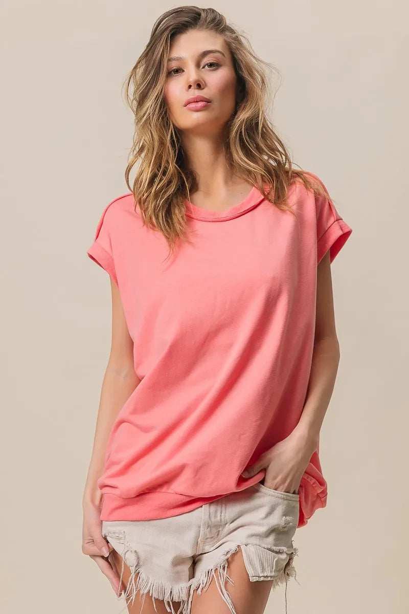 BiBi French Terry Drop Shoulder Basic Top - Trendsi - Flyclothing LLC