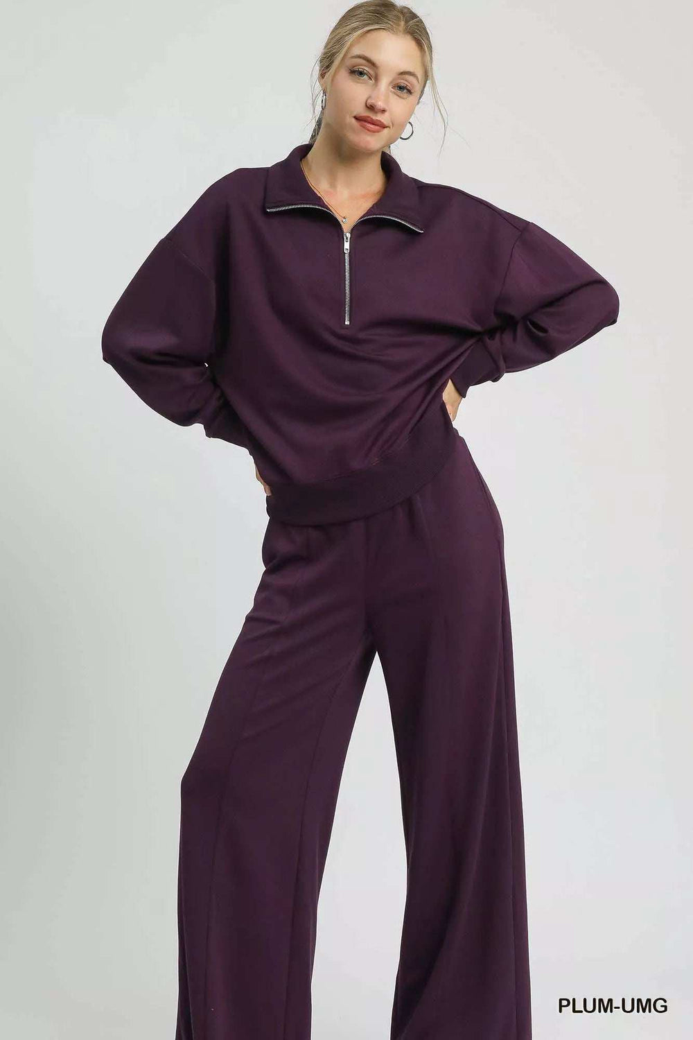 Umgee Half Zip Drop Shoulder Sweatshirt - Trendsi - Flyclothing LLC