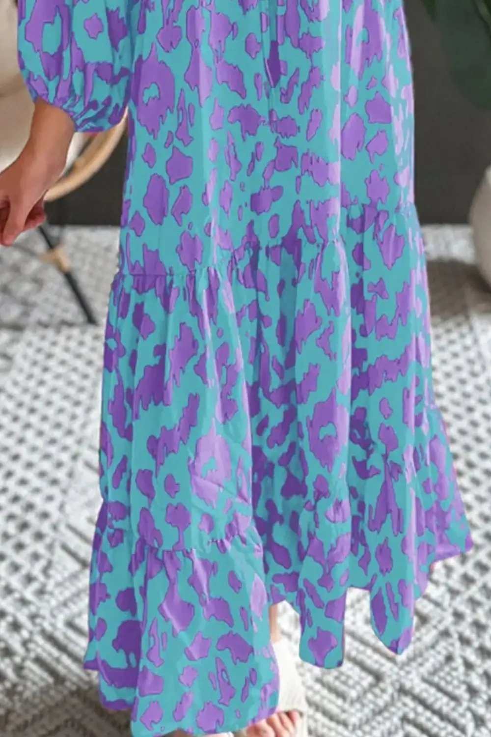 Smocked Printed Tie Neck Long Sleeve Dress - Trendsi - Flyclothing LLC