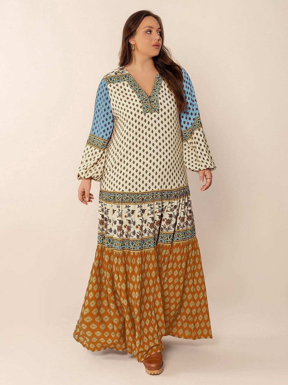 Plus Size Printed V-Neck Balloon Sleeve Maxi Dress - Trendsi - Flyclothing LLC