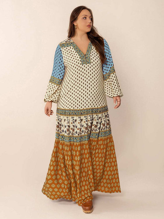 Plus Size Printed V-Neck Balloon Sleeve Maxi Dress - Trendsi - Flyclothing LLC