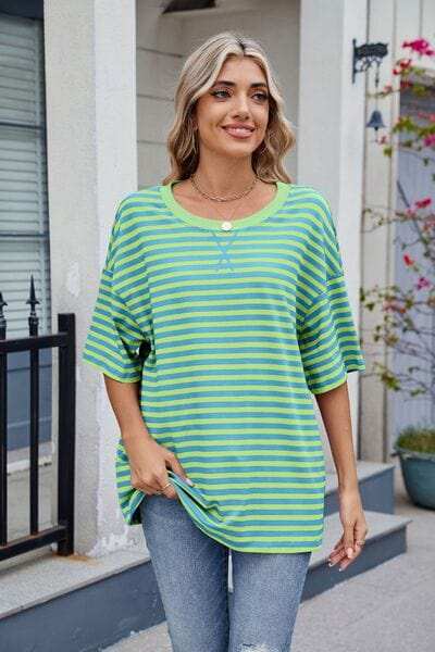 Contrast Striped Round Neck Half Sleeve T-Shirt - Trendsi - Flyclothing LLC