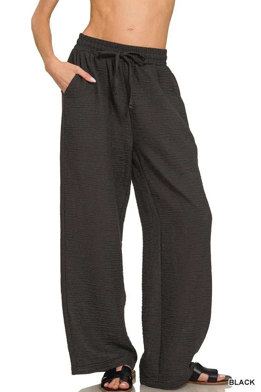 Zenana Woven Crepe Elastic Band Pants - Trendsi - Flyclothing LLC