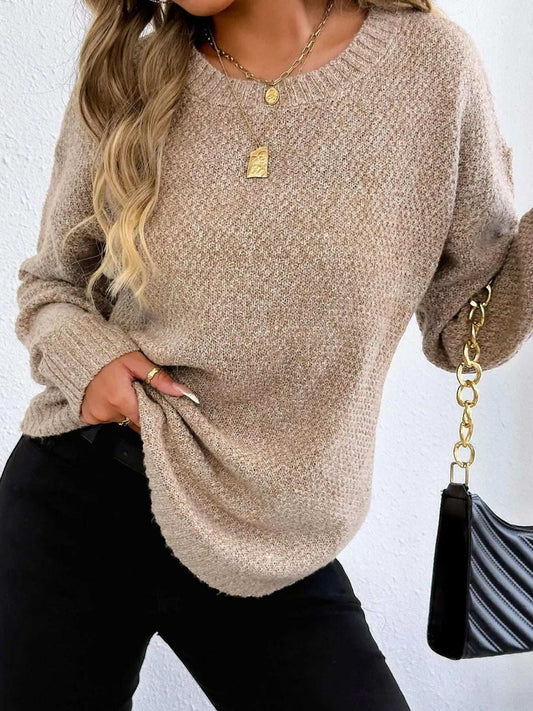 Textured Knit Relaxed Fit Round Neck Sweater - Trendsi - Flyclothing LLC