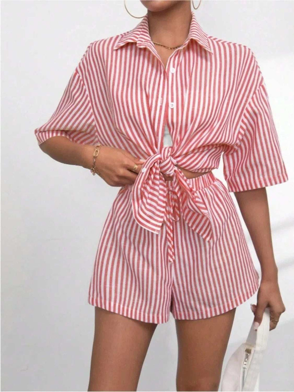 Striped Button Up Shirt and Shorts Set - Trendsi - Flyclothing LLC