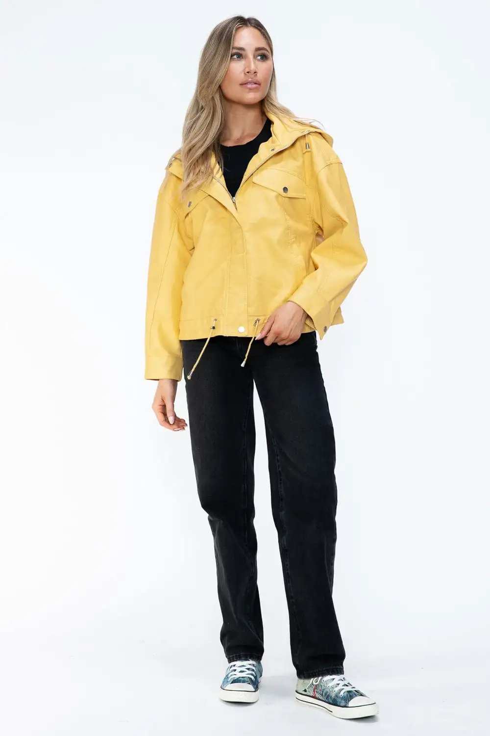 How Dare U Drawstring Hem PU Leather Zip Up Jacket - Trendsi - Flyclothing LLC