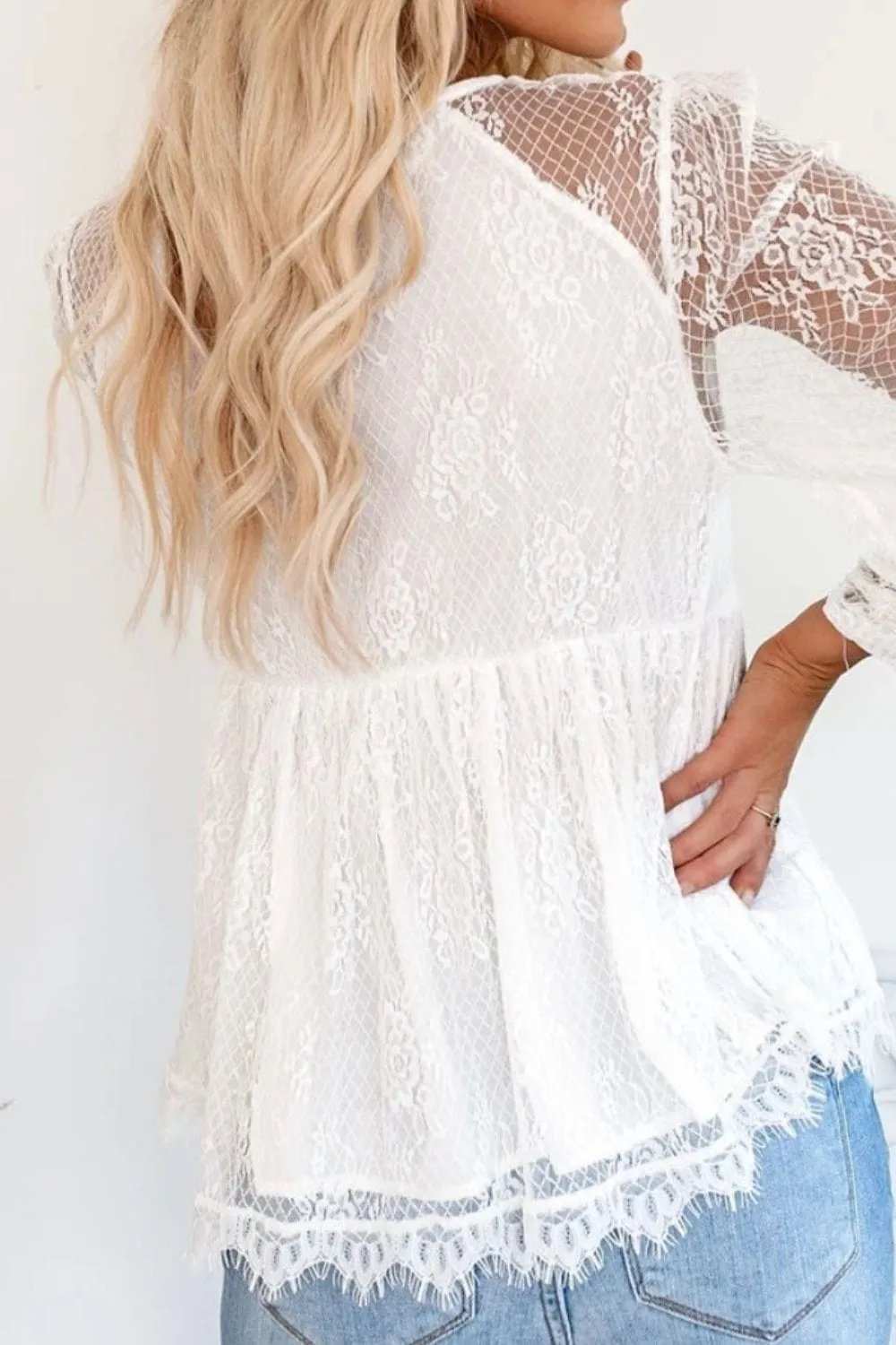 Lace Detail Plunge Long Sleeve Blouse - Trendsi - Flyclothing LLC
