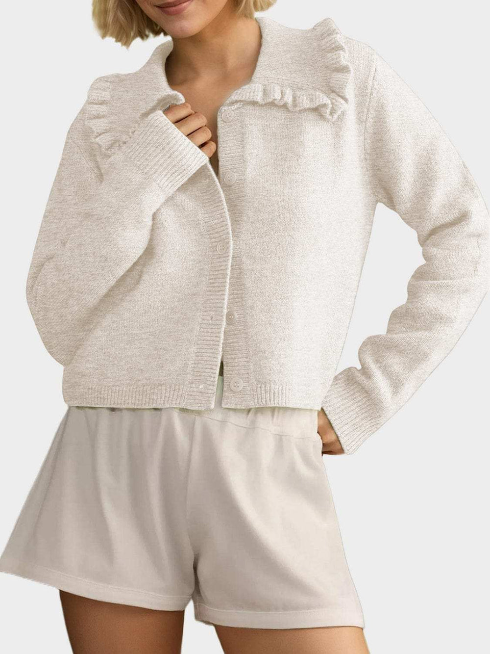 Frill Button Up Collared Neck Long Sleeve Cardigan - Trendsi - Flyclothing LLC