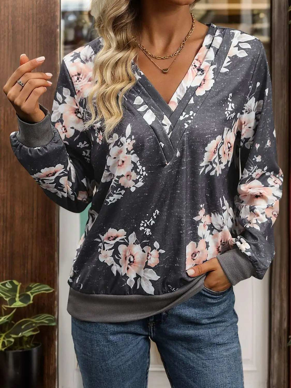 Printed V-Neck Long Sleeve Sweatshirt - Trendsi - Flyclothing LLC