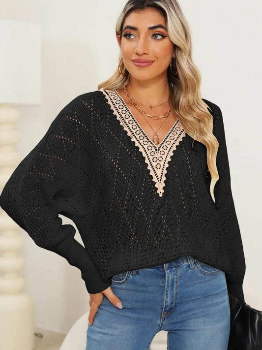 Lace Detail V-Neck Long Sleeve Sweater - Trendsi - Flyclothing LLC