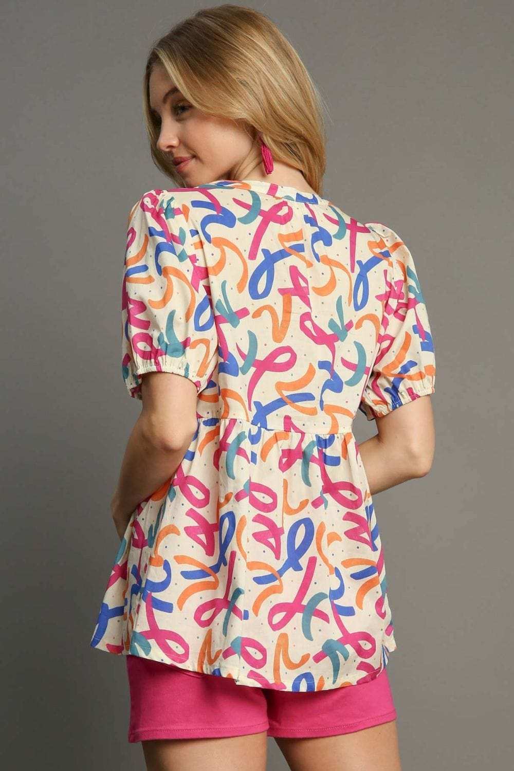 Umgee Full Size Mixed Print Puff Sleeve Babydoll Blouse Plus Size - Trendsi - Flyclothing LLC