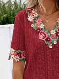 Eyelet Embroidered V-Neck Short Sleeve Blouse - Trendsi - Flyclothing LLC