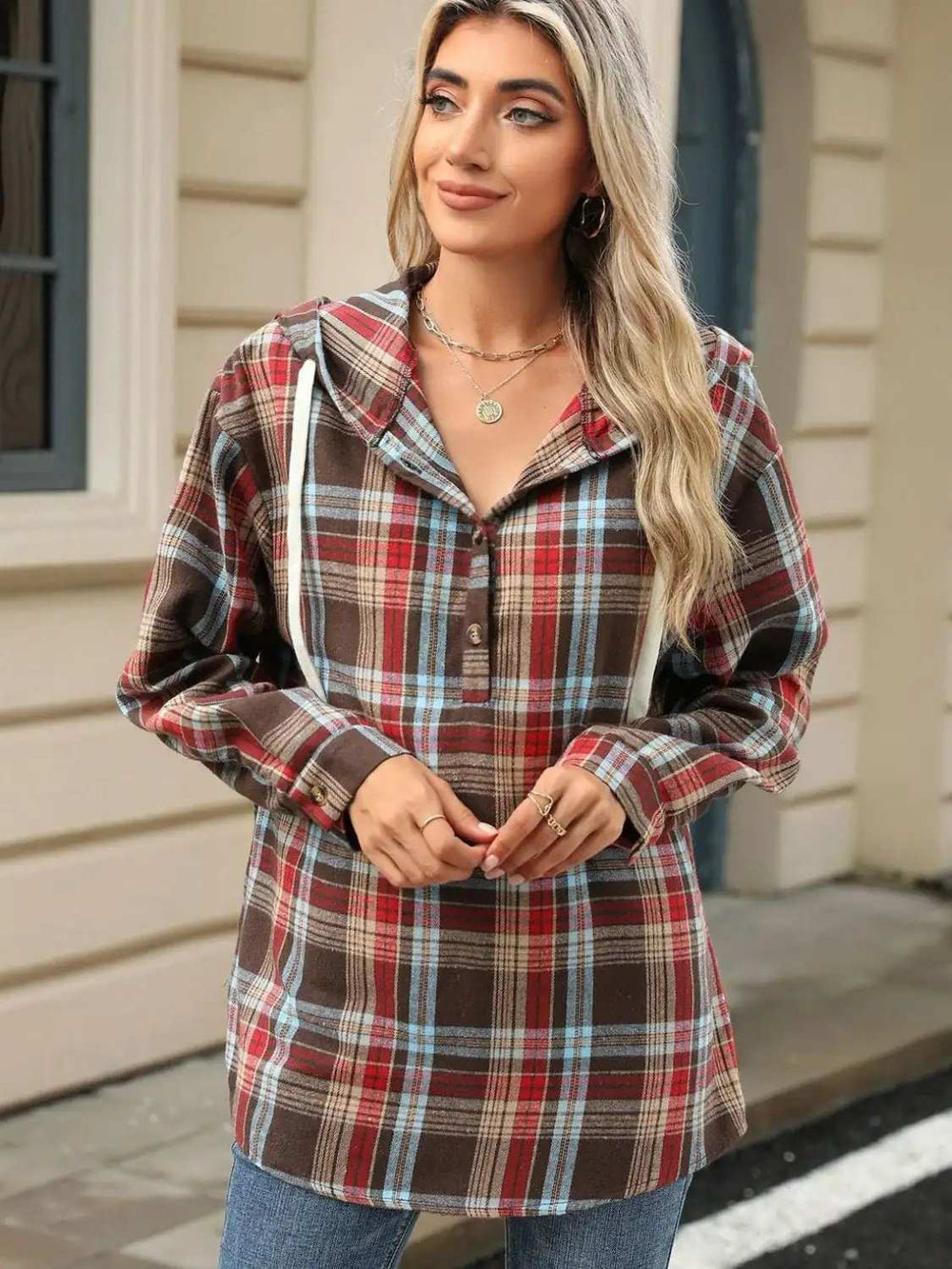 Drawstring Plaid Hooded Long Sleeve Top - Trendsi - Flyclothing LLC