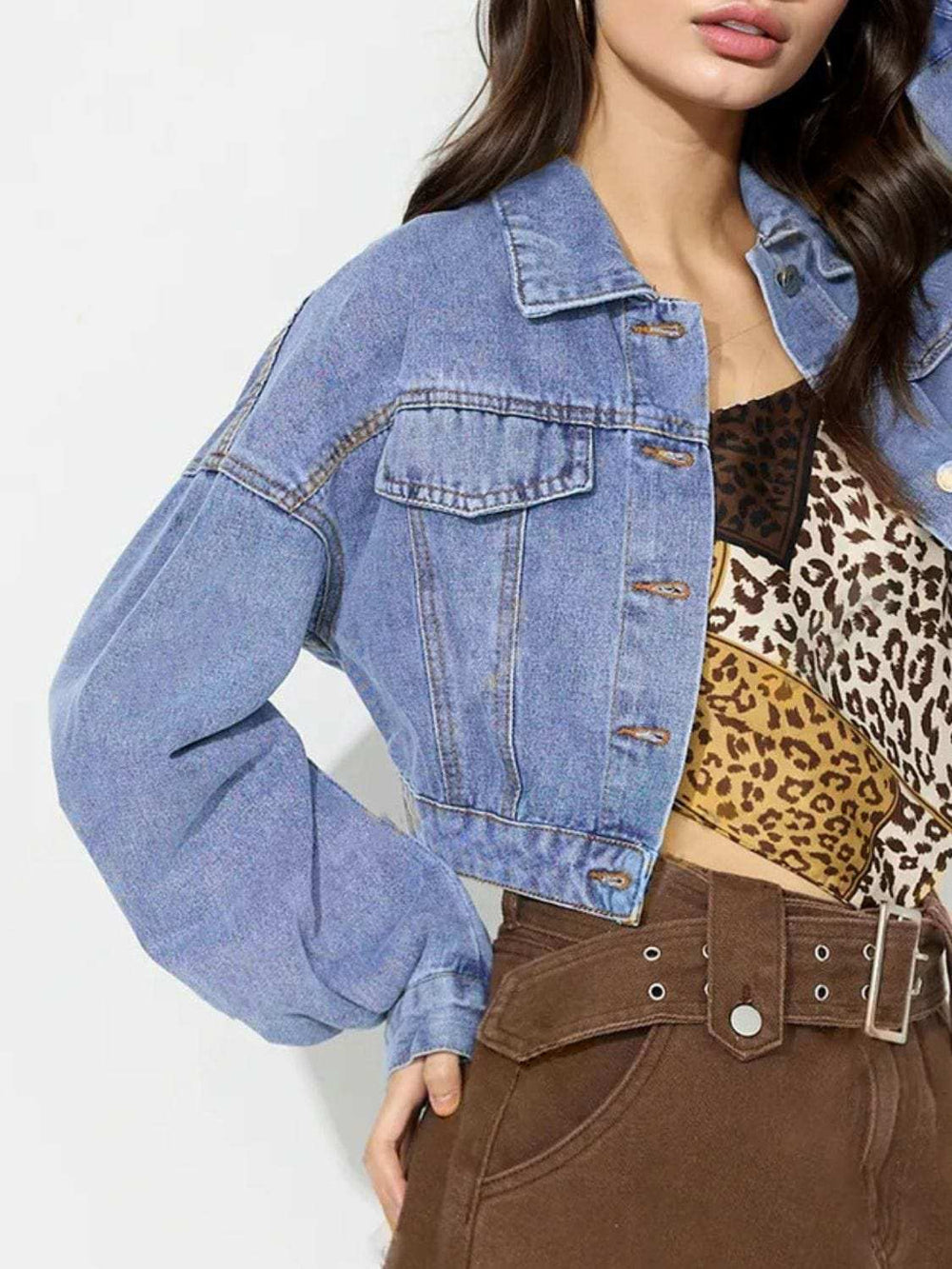 Collared Neck Dropped Shoulder Cropped Denim Top - Trendsi - Flyclothing LLC