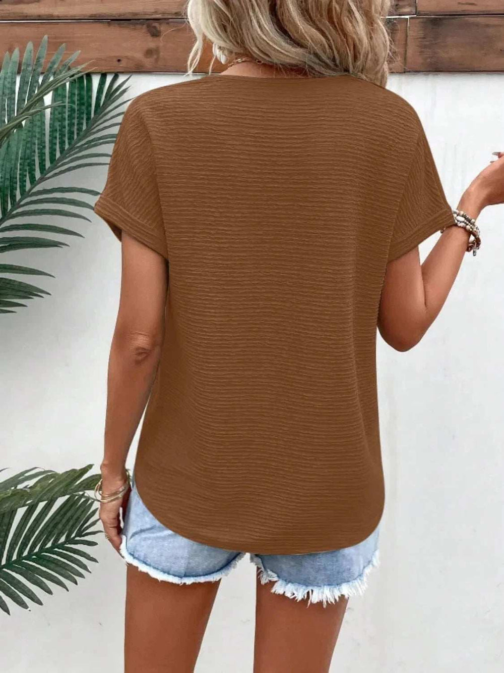 Textured Solid Color Short Sleeve Top - Trendsi - Flyclothing LLC
