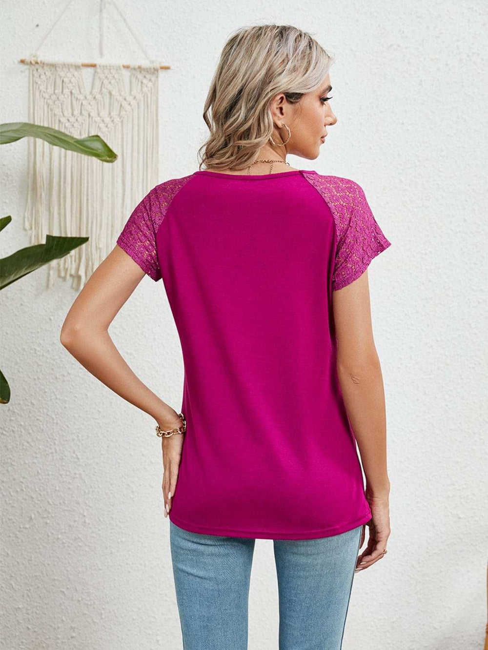 Lace Detail Round Neck Short Sleeve T-Shirt - Trendsi - Flyclothing LLC