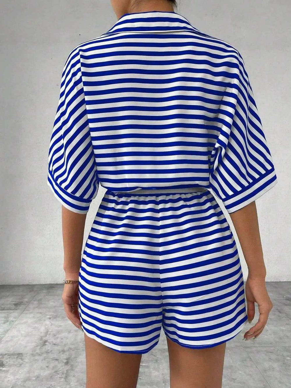 Tie Waist Half Button Striped Romper - Trendsi - Flyclothing LLC