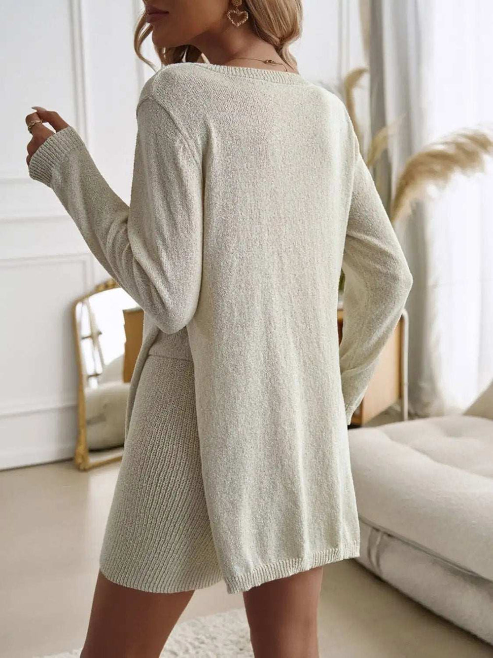 Devine Slit Round Neck Top and Shorts Sweater Set - Trendsi - Flyclothing LLC