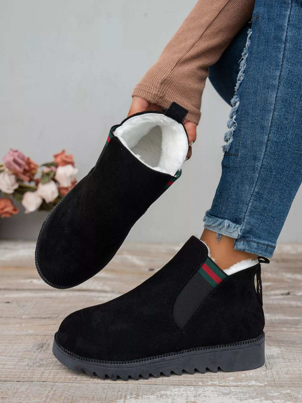 Black Suede Ankle Boots with Designer Stripe Detail - Trendsi - Flyclothing LLC