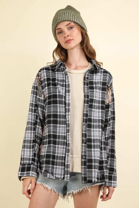 VERY J Contrast Plaid Raw Detail Shirt - Trendsi - Flyclothing LLC