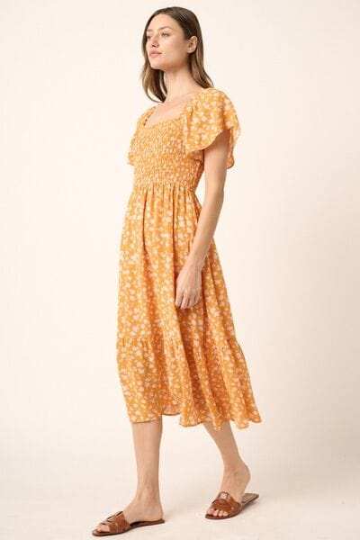 Mittoshop Flower Print Flutter Sleeve Smocked Midi Dress - Trendsi - Flyclothing LLC