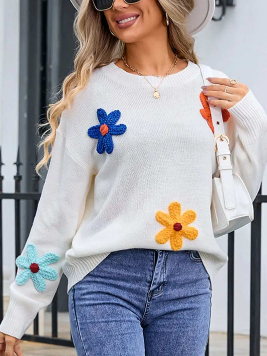 Crochet Flower Round Neck Sweater - Trendsi - Flyclothing LLC