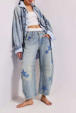 Contrast Star Wide Leg Jeans - Trendsi - Flyclothing LLC