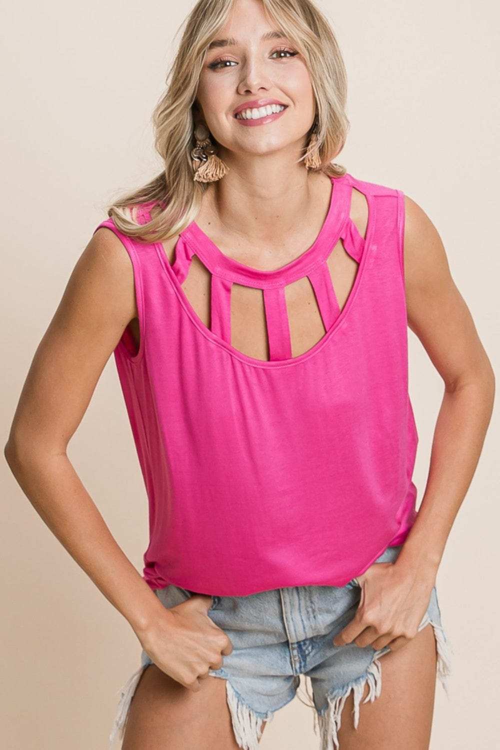 BiBi Cutout Round Neck Sleeveless Top - Trendsi - Flyclothing LLC
