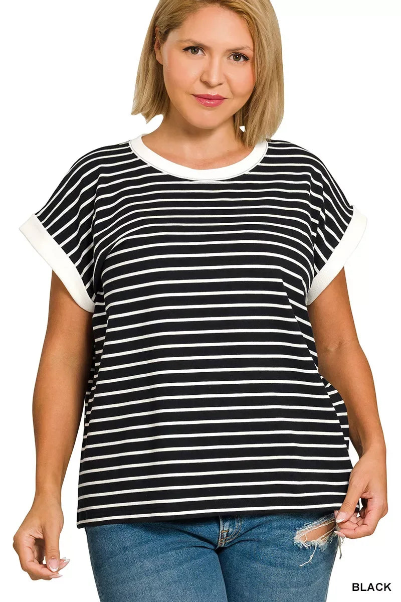 Zenana Full Size Contrast Trim Cap Sleeve Stripe Tee Plus Size - Trendsi - Flyclothing LLC