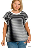 Zenana Full Size Contrast Trim Cap Sleeve Stripe Tee Plus Size - Trendsi - Flyclothing LLC