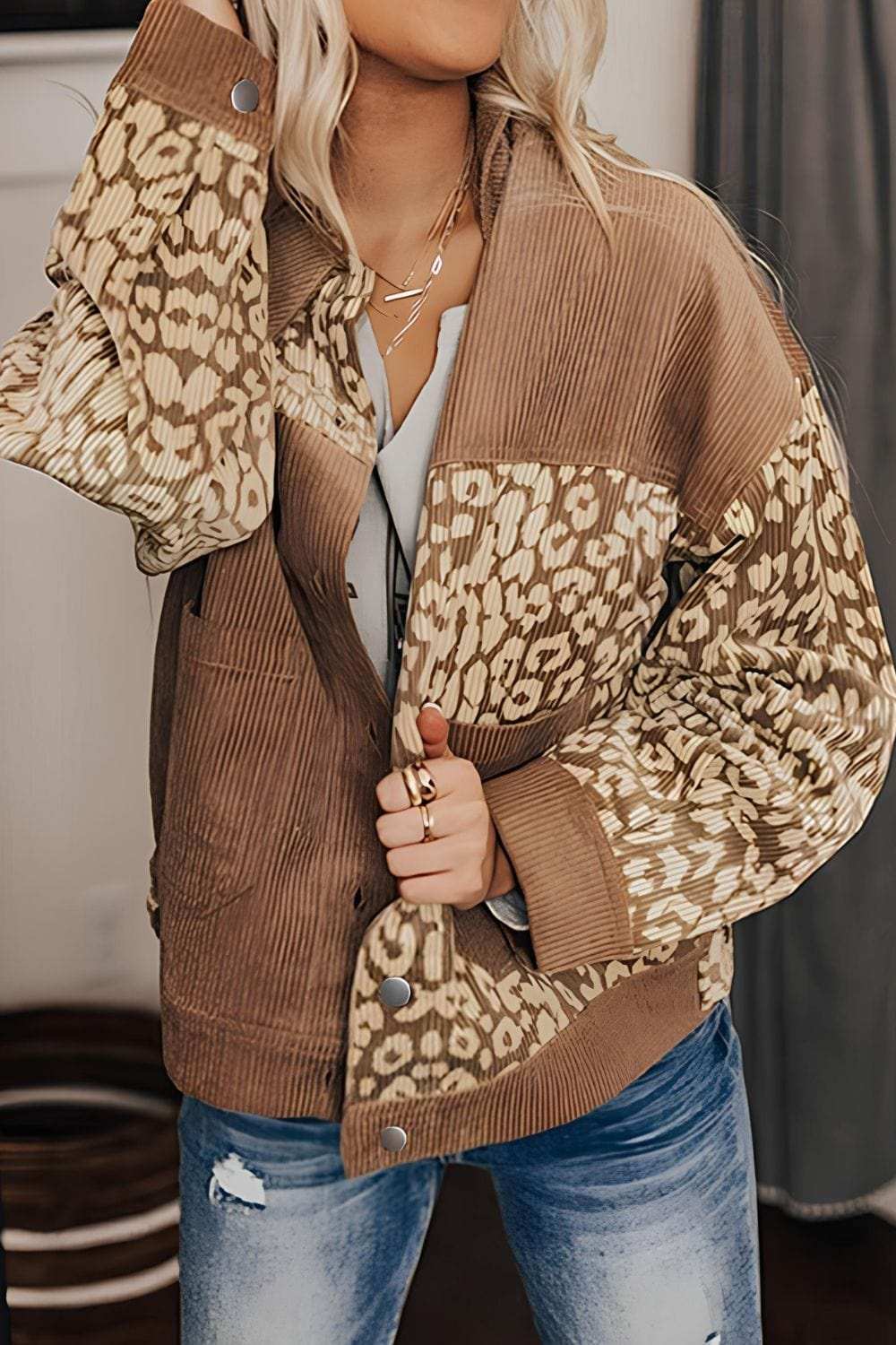 Leopard Button Up Drop Shoulder Jacket - Trendsi - Flyclothing LLC