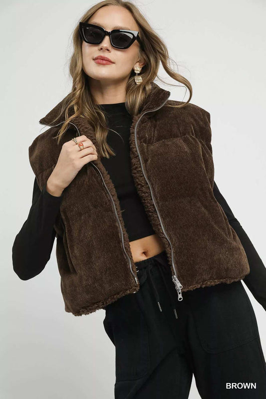 Umgee Sherpa-Lined Zip Vest with Drawstring Hem - Trendsi - Flyclothing LLC