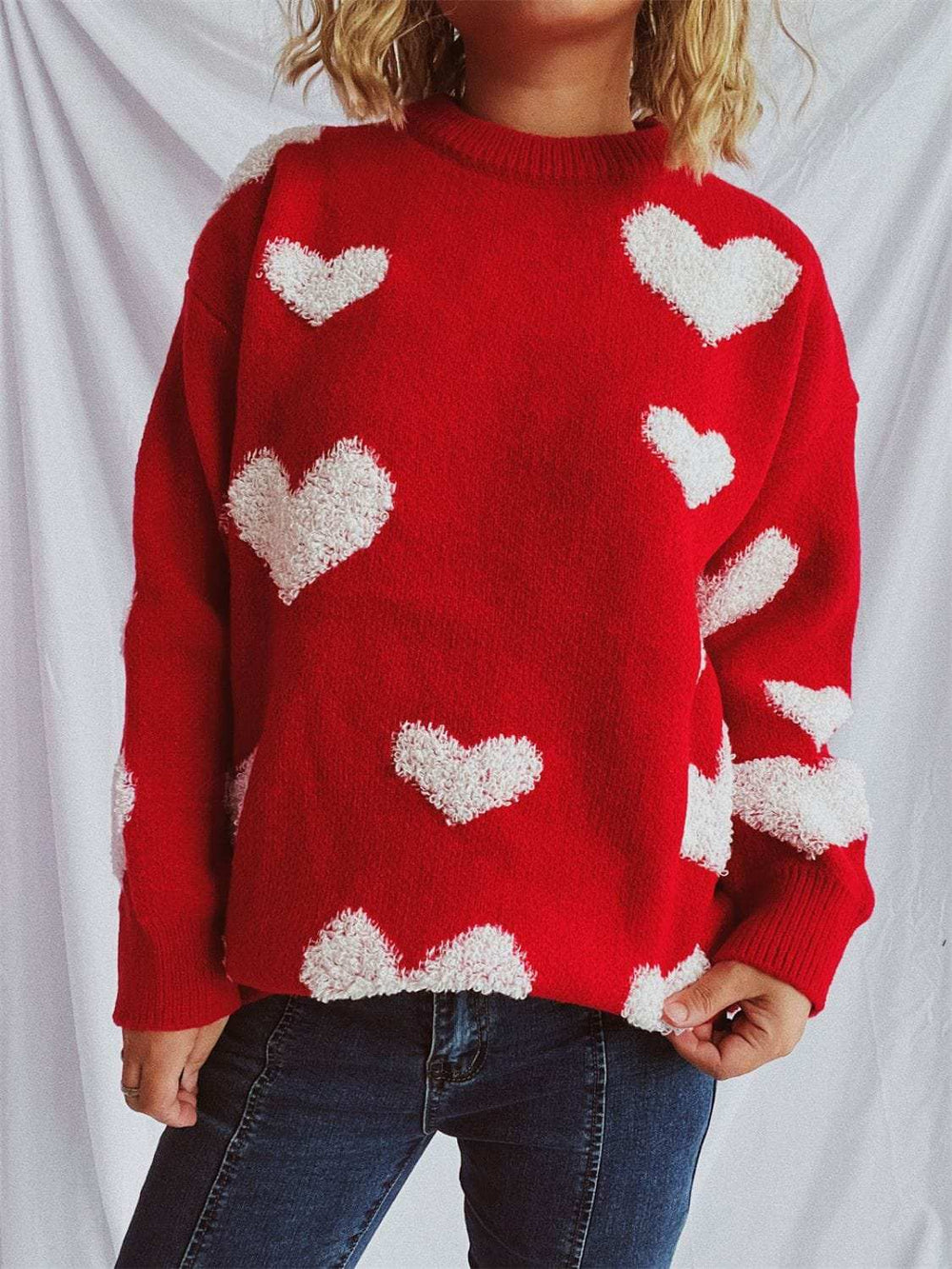 Heart Round Neck Dropped Shoulder Sweater - Trendsi - Flyclothing LLC