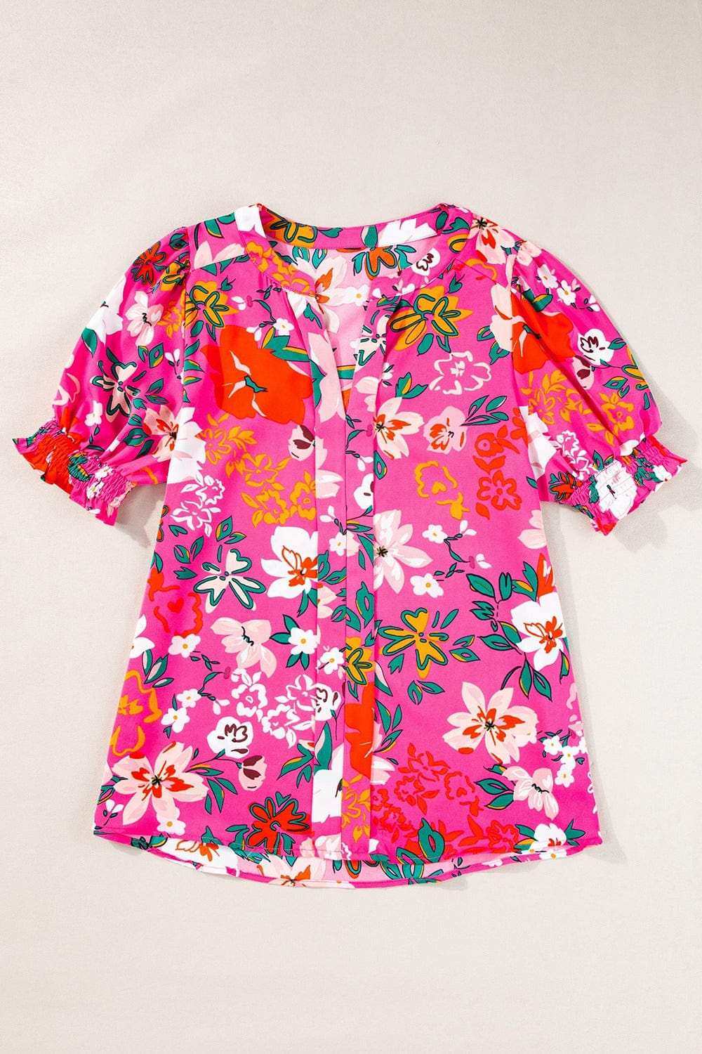 Printed Notched Short Sleeve Blouse - Trendsi - Flyclothing LLC