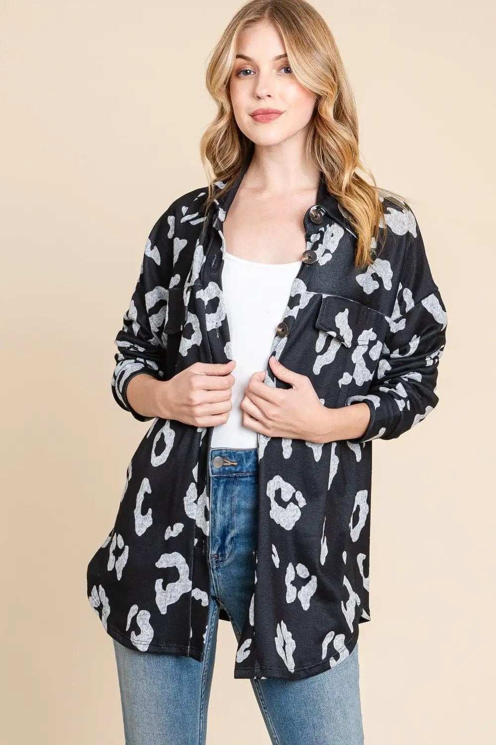 BOMBOM Animal Print Button Up Knit Shacket - Trendsi - Flyclothing LLC