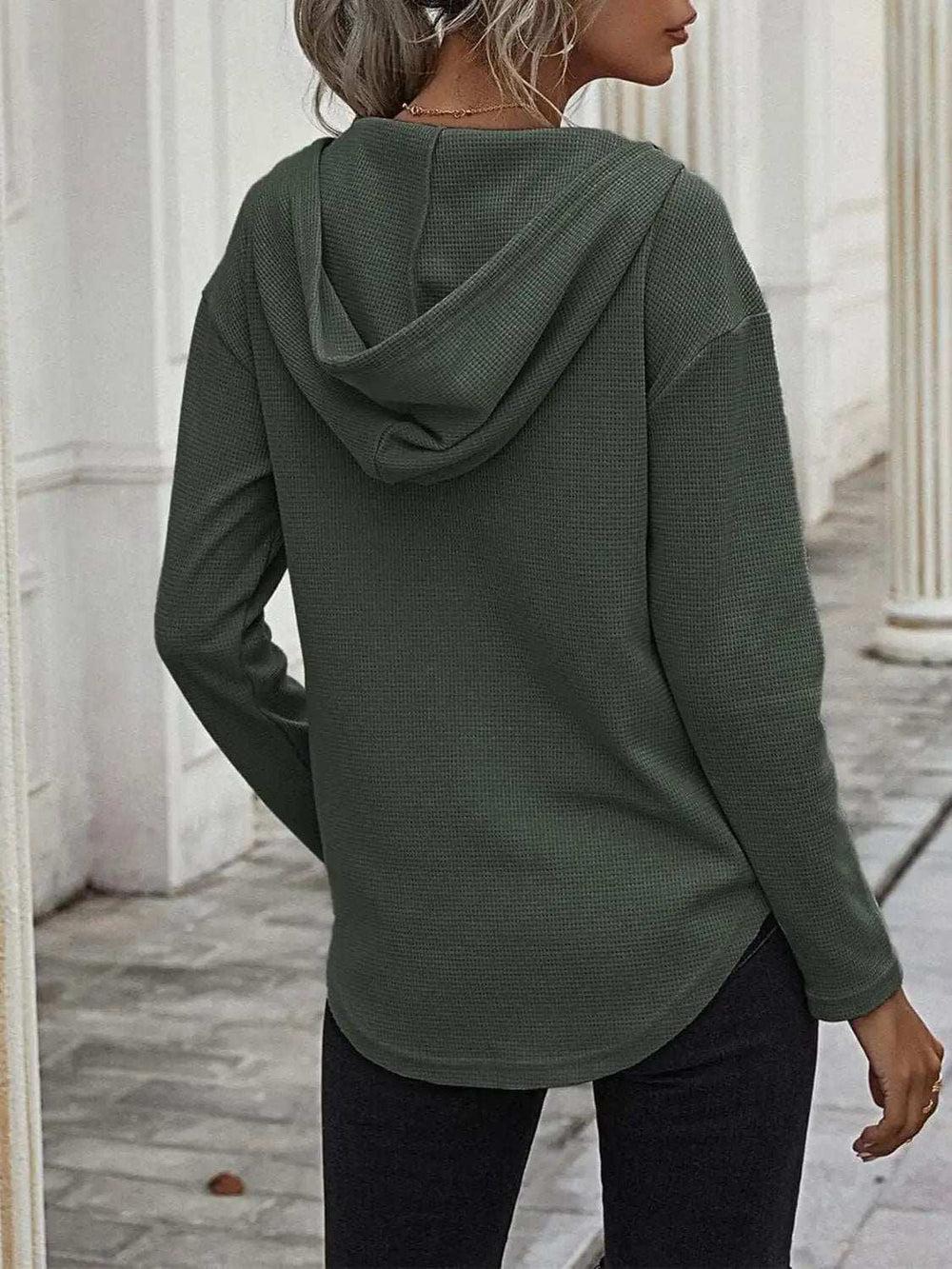 Drawstring Waffle Knit Long Sleeve Hooded Top - Trendsi - Flyclothing LLC