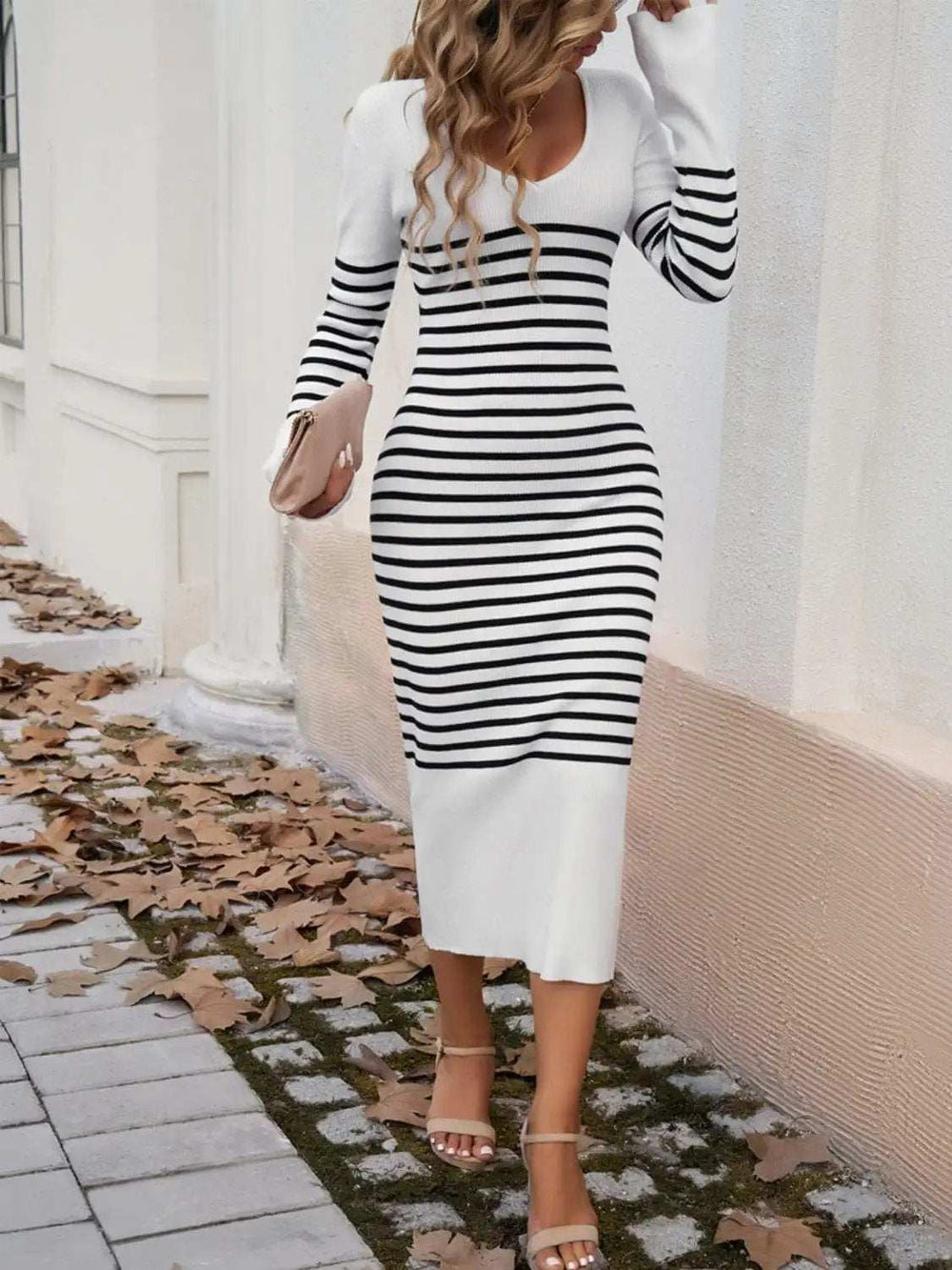 Striped V-Neck Long Sleeve Sweater Dress - Trendsi - Flyclothing LLC